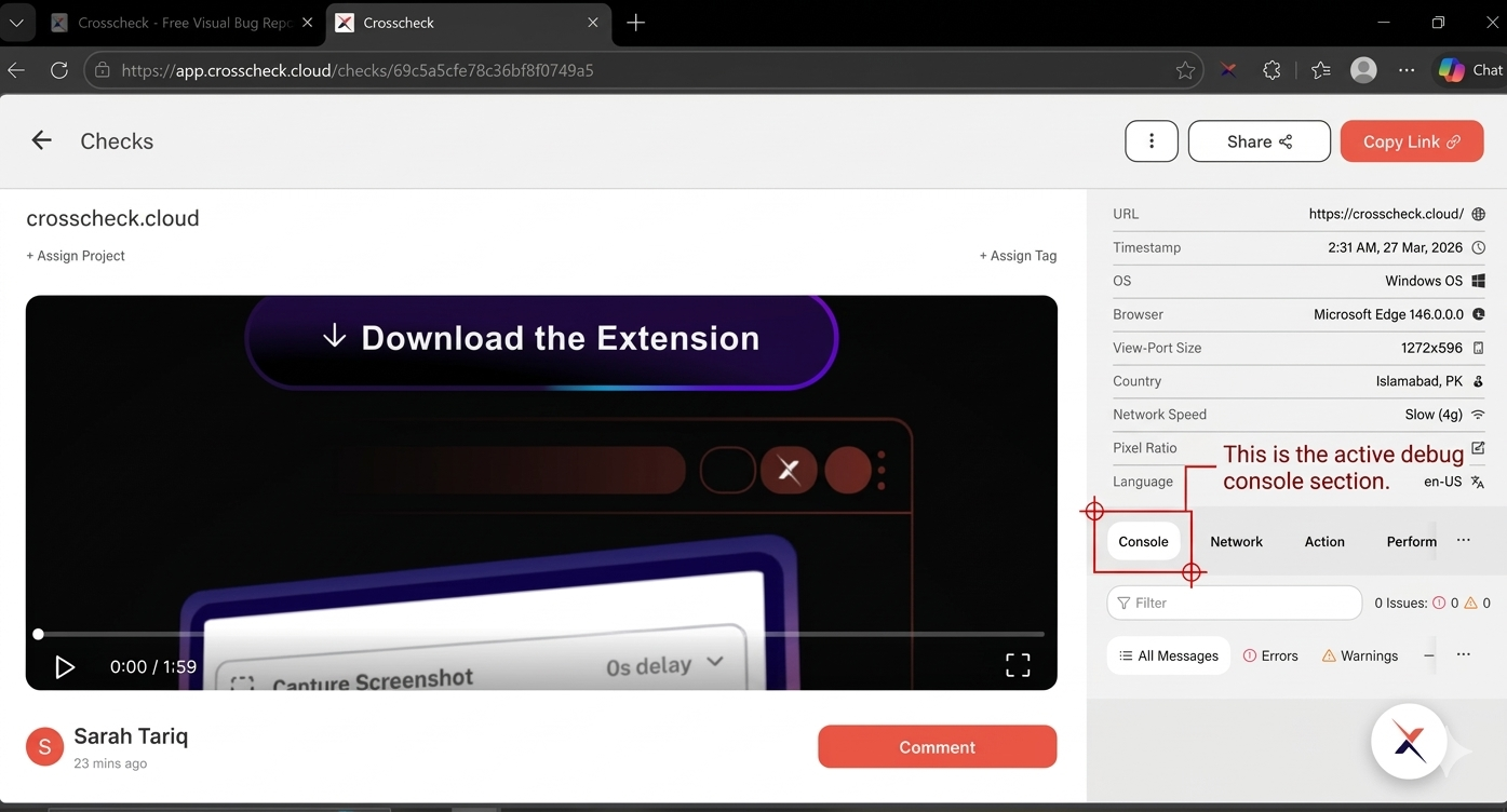 Console logs panel with color-coded entries and level filters