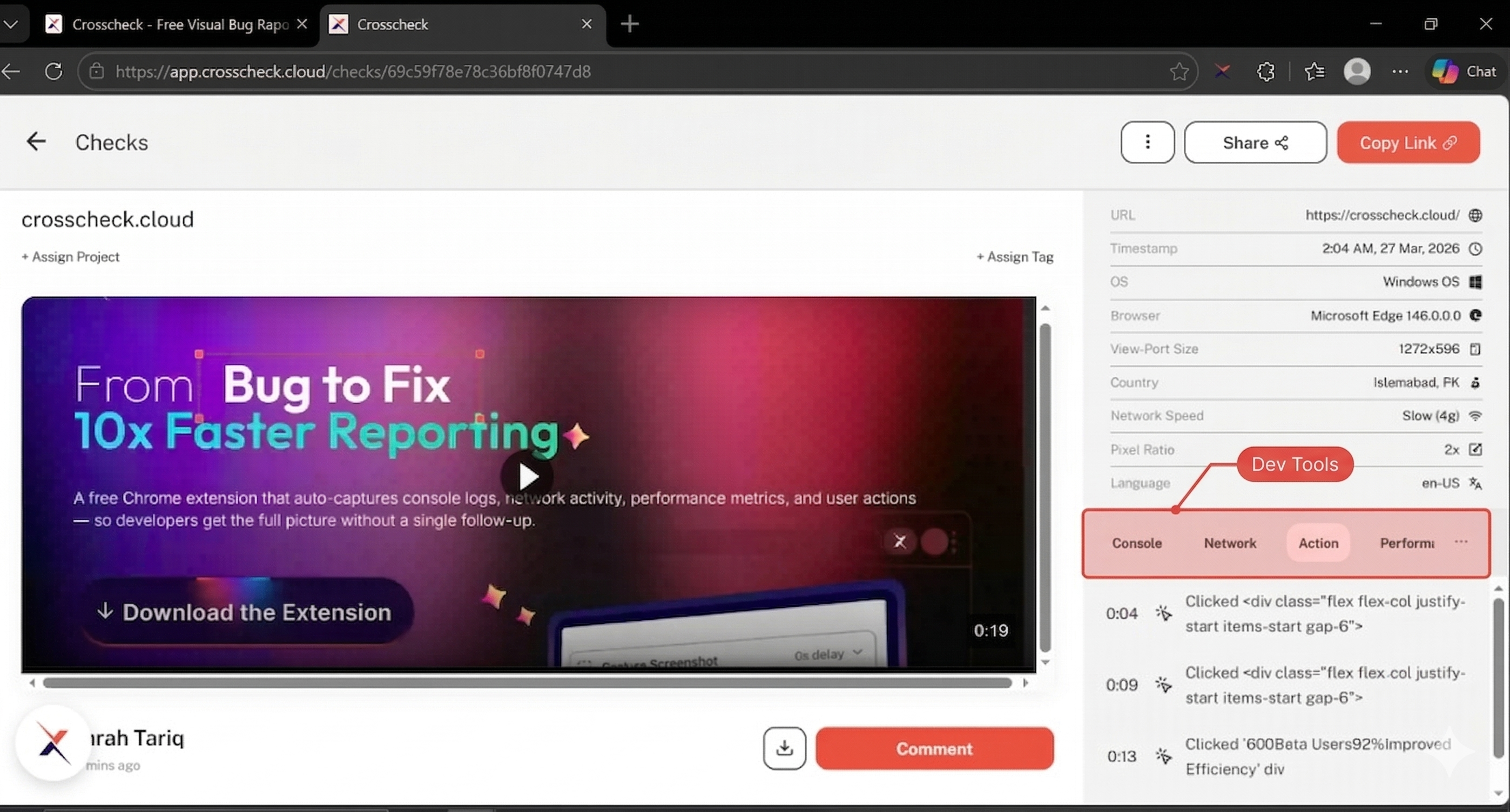 Developer context panel showing console logs, network requests, and user action tabs