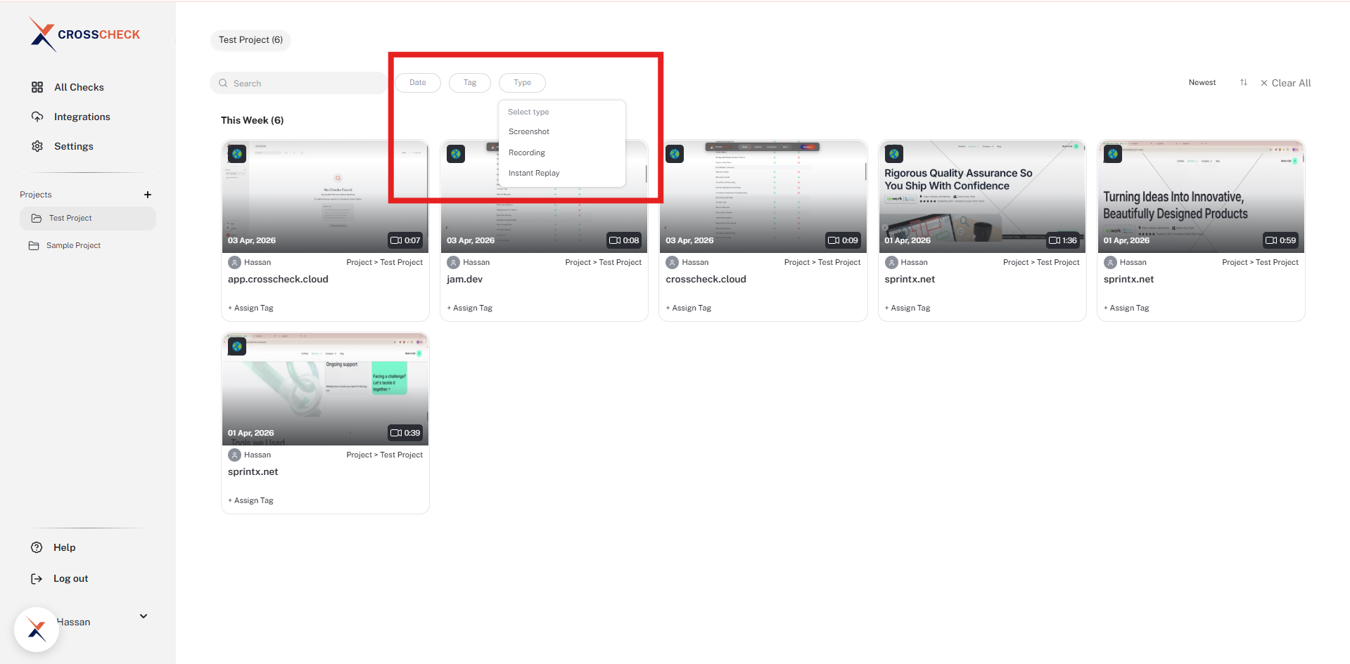 Filter bar showing type, date, and tag filters