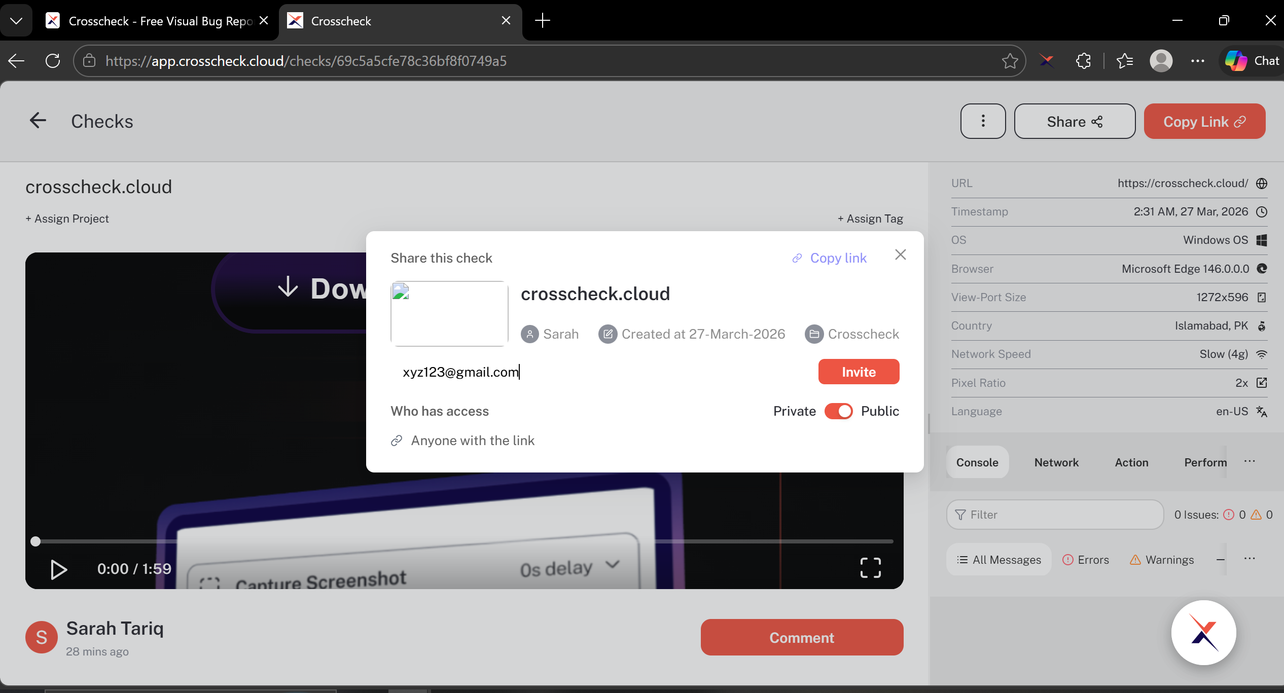 Sharing panel with email input and list of invited team members