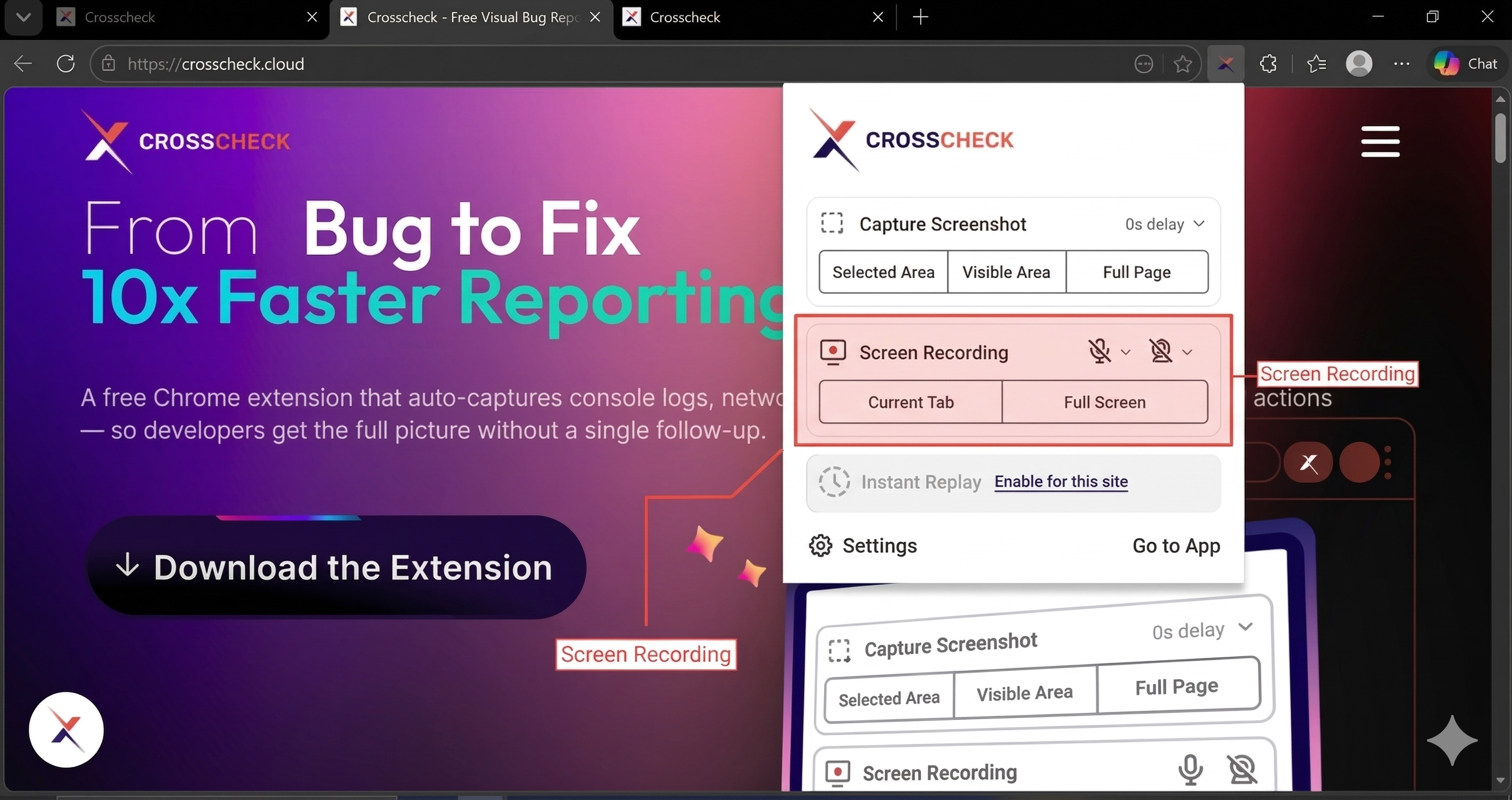 Crosscheck extension popup with Screen Recording option