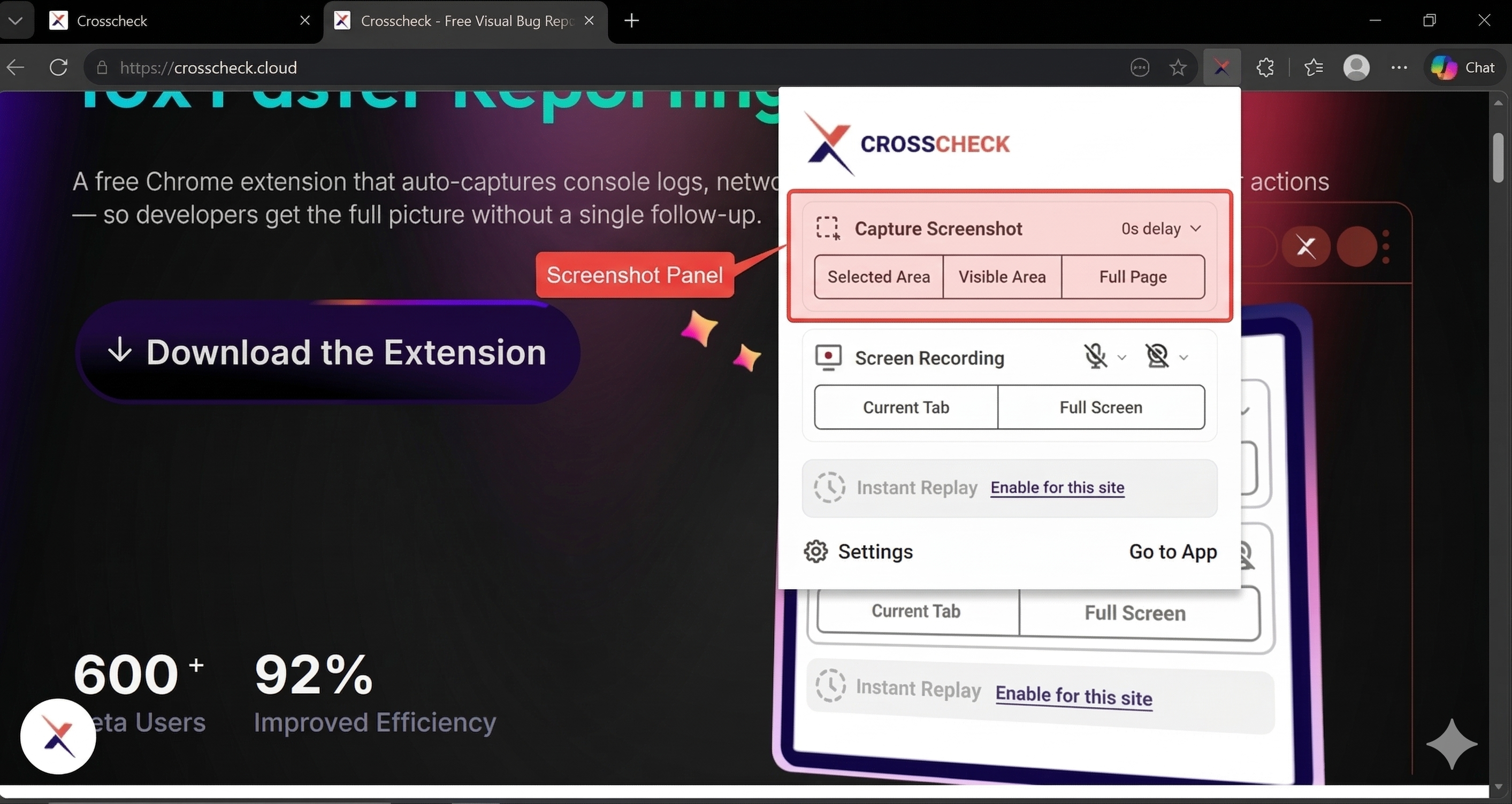 Crosscheck extension popup with Screenshot option highlighted
