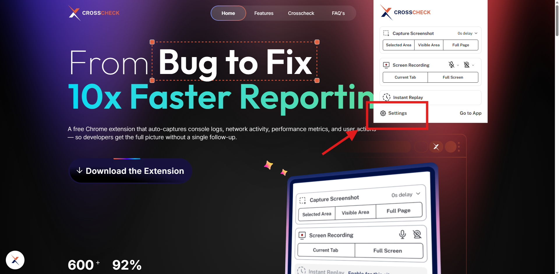 Extension popup with settings gear icon highlighted in the top-right corner
