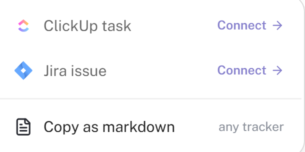 ClickUp, Jira, and markdown ticket destinations